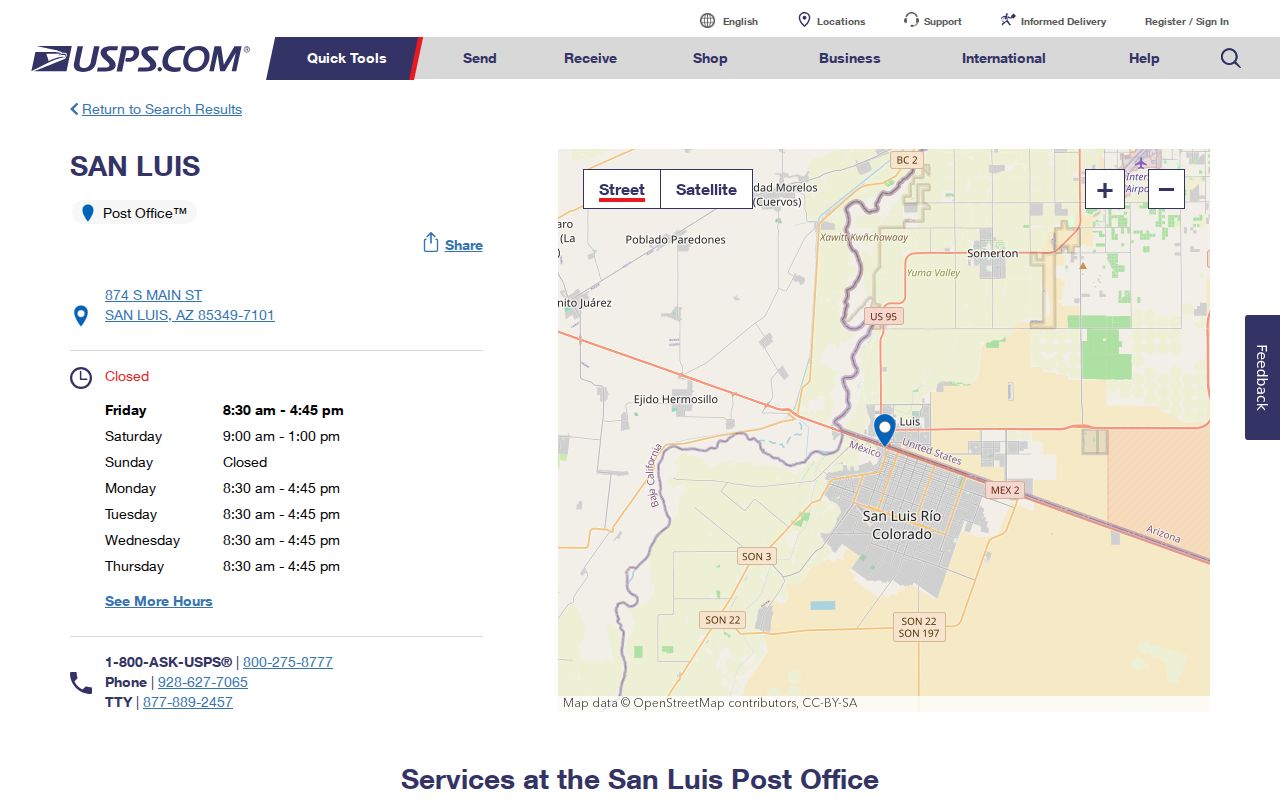 San Luis ZIP code directory view of the 85349 post office